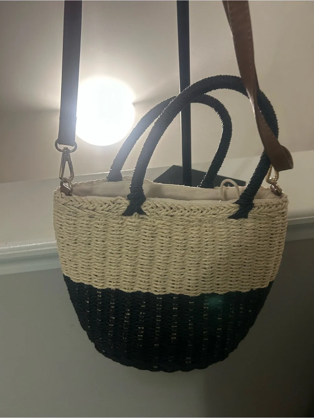 Marabelle Woven Two-Tone Black & Cream Straw bucket Tote Bag